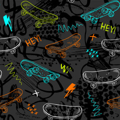 Abstract seamless grunge pattern for boy. Urban style modern background with skateboards. Sport extreme style creative wallpaper for guys. © artlavi_design