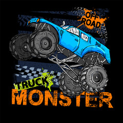 Print with Hand drawing  blue Monster Truck. Vector t-shirt illustration for boy  © artlavi_design