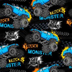 Abstract seamless grunge pattern for boy. Urban style modern background with Monster Truck car, trace of tire. Drive and speed modern creative wallpaper for guys. Extreme style © artlavi_design