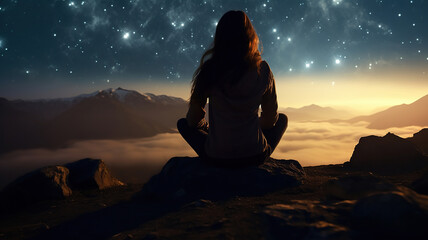 woman meditates beneath the night stars on a mountain's silhouette