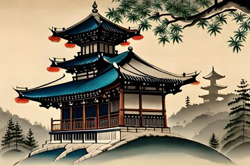 Japanese Semi-e Style Temple Scroll Art