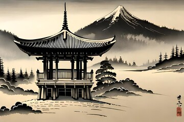 Fototapeta premium Japanese Semi-e Style Temple Scroll Art