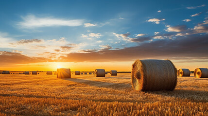Hay stacks dotting a field, framed by the radiant hues of a sunset