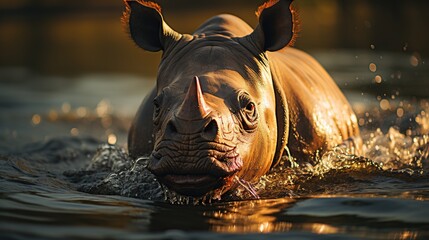 a rhino is in the water