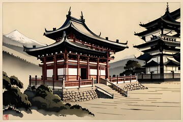 Japanese Semi-e Style Temple Scroll Art