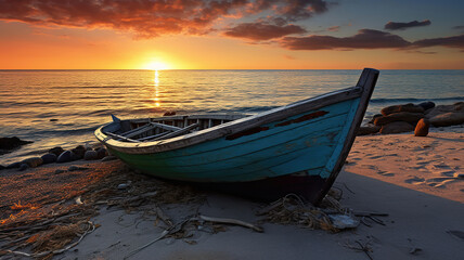 boat parked on the beach near the sunset