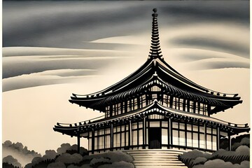 Fototapeta na wymiar Japanese Semi-e Style Temple Scroll Art