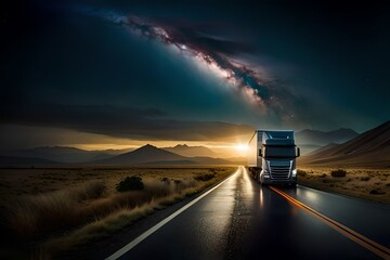 Semi Truck On Lonely Highway Beautiful Scenery 