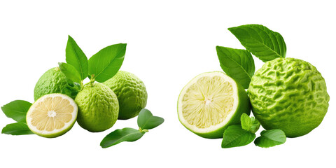 Fresh bergamot fruits on transparent background cut in half with a clipping path and copy space