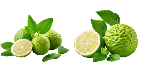 Fresh bergamot fruits on transparent background cut in half with a clipping path and copy space