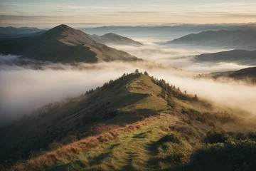 Papier Peint photo Lavable Matin avec brouillard Tumbling Hill with fog in the valley below, sunrise in the mountains, misty morning in the mountains, fog in the mountains, sunrise over the mountains, sunset over the mountains