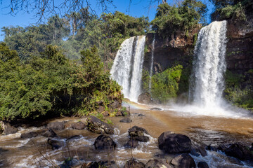 Salto Dos Hermanas, the Two Sisters Falls, in the national park at Iguazu Waterfalls, one of the new seven natural wonders of the world in all its beauty viewed from the Argentinian side 