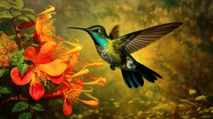 Obraz premium Anthracothorax nigricollis, the black throated mango, a blue and green hummingbird, flies near to a beautiful yellow blossom.