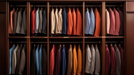 Colorful wardrobe with shirts and clothes in a shop