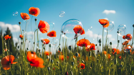 Obraz premium Flowering red poppies with green buds, capsules, and soap bubbles, against the blue sky. Generative AI technology.