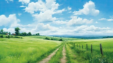 An idyllic sight of a green, grassy field on a sunny day - obrazy, fototapety, plakaty