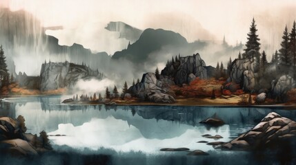 A landscape illustration featuring a massive, distant rock formation in a foggy atmosphere, as well as a little lake and flora