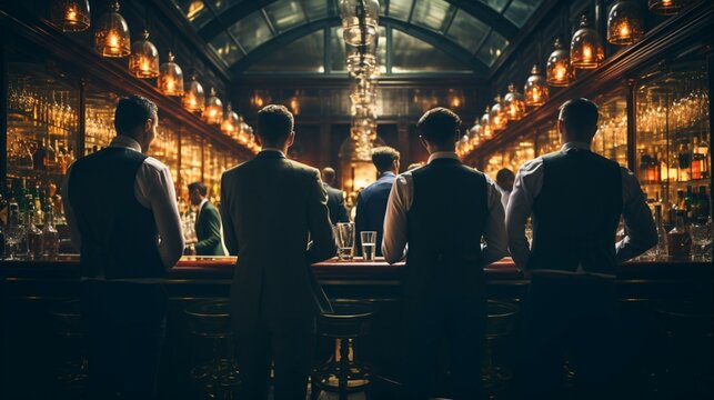 Four gentlemen waiting for their drinks in an exclusive british old money club