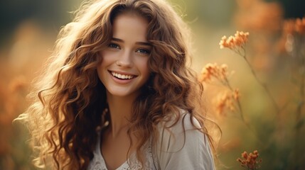 Fototapeta premium Smiling woman with brunette hair enjoying sunset outdoors in the park