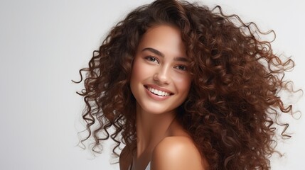 Portrait of a smiling brunette woman with curly hair and radiant happiness in a studio setting