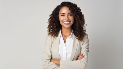 smiling business woman with crossed arms on white background. A cheerful office and a employee