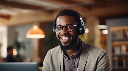 Online Collaboration: A close-up of a young black man in a cozy office setting, beaming with happiness, wearing a stylish blazer, eyeglasses, and headphones.