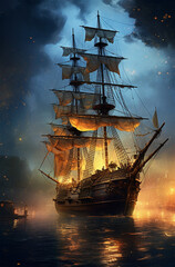 Obraz premium Pirate ship harbored at port