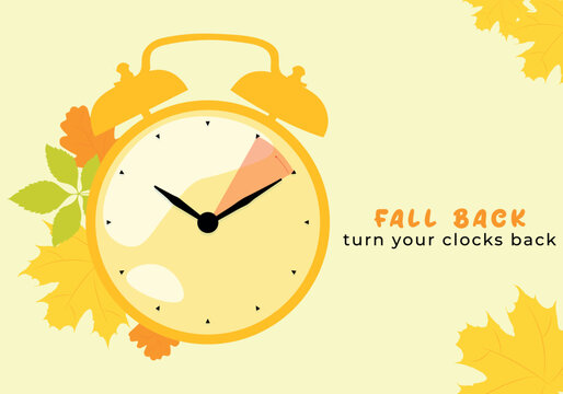 Fall back vector illustration. alarm clock with autumn leaves