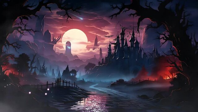 Halloween night fantasy landscape at the castle. Seamless Cartoon style loop 4k animation