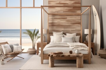 Coastal Charm: A modern beach-inspired room featuring a wooden canopy bed, driftwood wall art, and a wooden surfboard serving as decorative wall decor. Generative AI