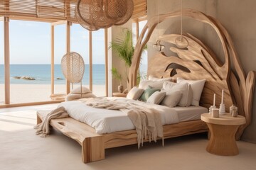 Coastal Charm: A modern beach-inspired room featuring a wooden canopy bed, driftwood wall art, and a wooden surfboard serving as decorative wall decor. Generative AI
