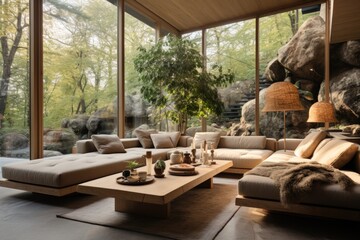 Fototapeta premium Contemporary living room, wooden-framed windows blur indoor-outdoor boundaries, comfy wooden sectional sofa. Smoggy daylight, light-colored photograph. Generative AI