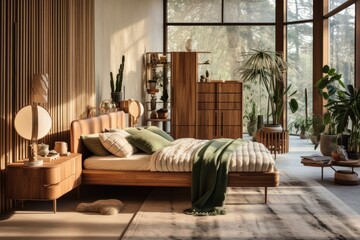 A modern room with an eclectic blend of wooden furniture styles, including a carved wooden screen, a wooden four-poster bed, and a wooden mid-century sideboard. Generative AI