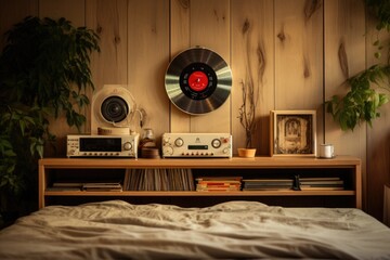 Retro Revival: A room that embraces retro design with a wooden platform bed, vintage wooden wall clock, and a wooden record player stand. Generative AI