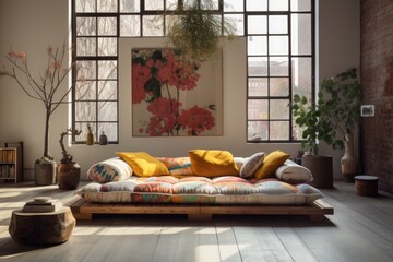 Boho Vibes: Wooden daybed sofa, vibrant cushions, carved coffee table. Smoggy daylight, light-colored photo. Generative AI