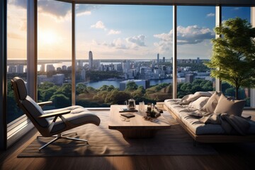 Fototapeta premium Cityscape View: A contemporary room with floor-to-ceiling windows offering a stunning city view, with a wooden window seat for contemplation. Generative AI