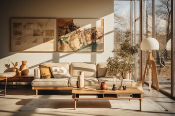 A living room paying homage to mid-century design, featuring a wooden-legged sofa with clean lines, a wooden coffee table, and iconic mid-century decor. a smoggy daylight. Generative AI