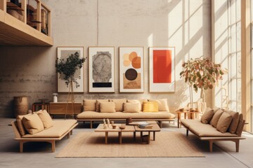 Artistic Haven: A creative living room with a wooden-framed sofa positioned in front of an art gallery wall, showcasing various artworks framed in wooden frames. Generative AI