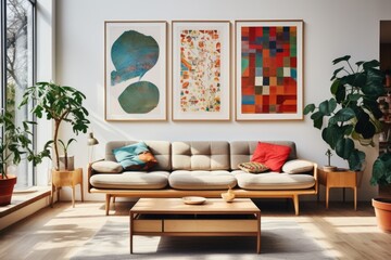 Artistic Haven: A creative living room with a wooden-framed sofa positioned in front of an art gallery wall, showcasing various artworks framed in wooden frames. Generative AI