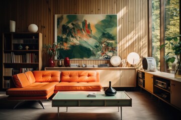 Retro Revival: A retro-inspired living room with a wooden-framed sofa in a bold color, wooden paneling on the walls, and a wooden-legged TV console. Generative AI