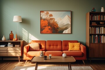 Retro Revival: A retro-inspired living room with a wooden-framed sofa in a bold color, wooden paneling on the walls, and a wooden-legged TV console. Generative AI