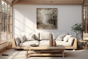 Fototapeta na wymiar Modern Farmhouse: A farmhouse-inspired living room with a wooden-framed sofa, shiplap walls, and a distressed wooden coffee table. Generative AI