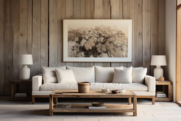 Modern Farmhouse: A farmhouse-inspired living room with a wooden-framed sofa, shiplap walls, and a distressed wooden coffee table. Generative AI