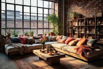 Obraz na płótnie Canvas Boho-Industrial Fusion: A fusion of bohemian and industrial styles with a wooden-framed sofa, metal accents, and vibrant patterned cushions. Generative AI