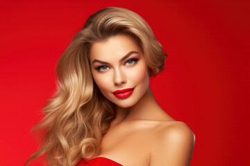 Stunning young lady with long blonde glossy hair and perfect make up on bright red background