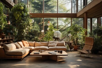 Fototapeta premium Urban Greenery: A living room with a wooden-framed sofa surrounded by a lush indoor garden, creating a tranquil and refreshing ambiance. Generative AI
