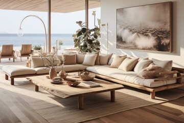 Coastal Glam: A coastal-themed living room with a wooden-framed sofa, metallic accents, and a wooden coffee table adorned with seashell decor. Generative AI