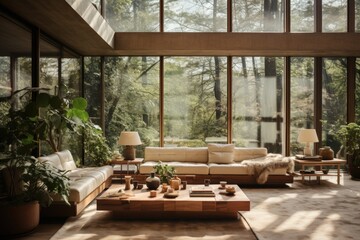 Fototapeta premium Urban Retreat: A serene living room with a wooden-framed sofa, floor-to-ceiling windows, and a wooden coffee table showcasing succulents. Generative AI