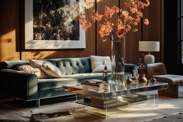 Urban Glamour: A glamorous living room with a velvet-upholstered wooden-framed sofa, mirrored accents, and a crystal-adorned wooden coffee table. Generative AI