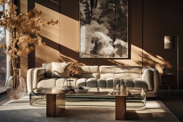 Urban Glamour: A glamorous living room with a velvet-upholstered wooden-framed sofa, mirrored accents, and a crystal-adorned wooden coffee table. Generative AI